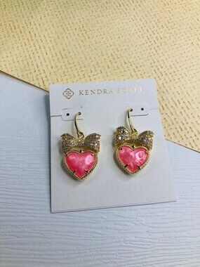 Kendra Scott Full-Diamond Bow Peach-Pink Mother-of-Pearl Heart Dangle Earrings